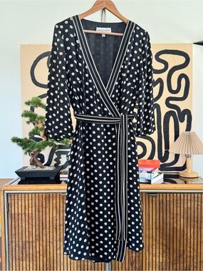 Vintage Donna Ricco Black White Pure Silk Polka Dot Wrap Midi Dress Size 12
